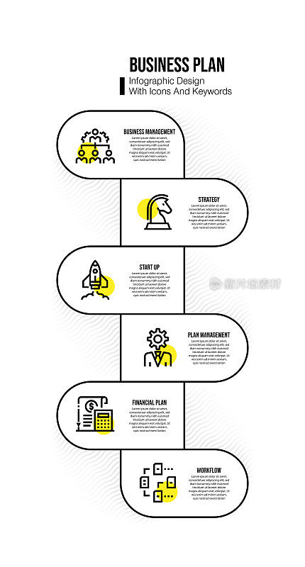 信息图表设计模板与商业计划的关键字和图标