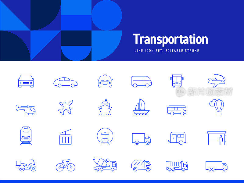 交通相关的线条图标集。可编辑的中风。简单的轮廓图标。