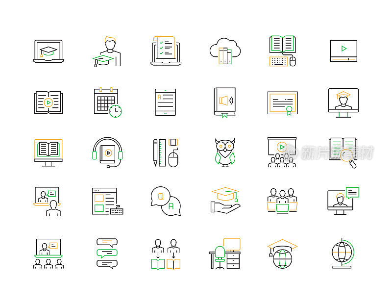在线教育，电子学习，家庭学校相关的现代矢量图标