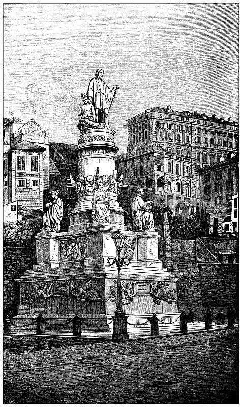 古董插图:热那亚哥伦布雕像
