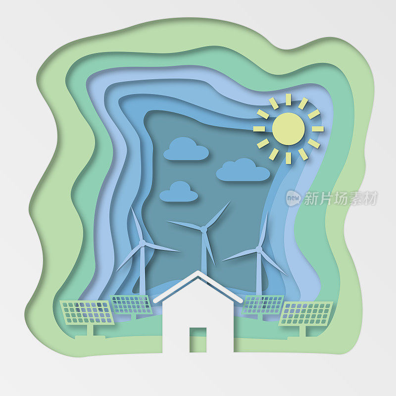 插画剪纸艺术的家庭太阳能电池板和风力涡轮机，现代可持续性与生态友好的可再生能源