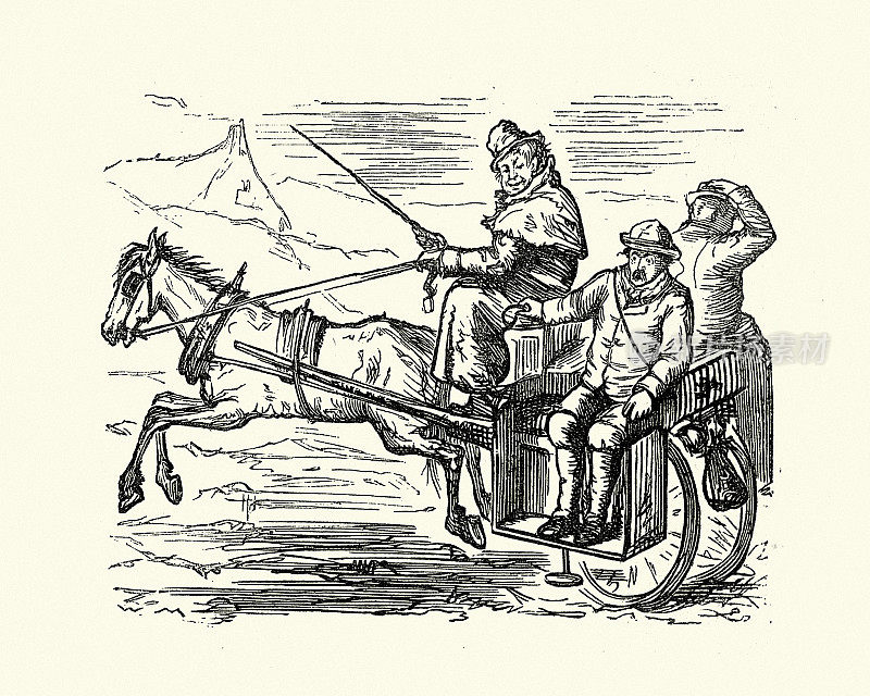 19世纪70年代，乘客坐在侧面的马车上