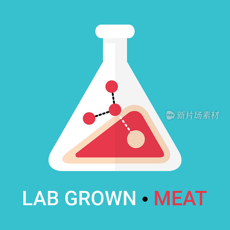 实验室培养的肉图标概念。人造肉是在化学实验室的玻璃器皿中培养和培养的。现代营养和以科学为基础的营养。矢量插图标识元素孤立