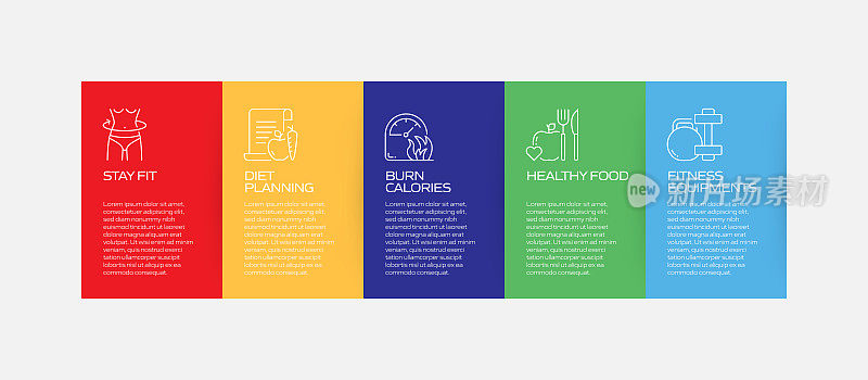 健身和锻炼相关的过程信息图表模板。过程时间图。使用线性图标的工作流布局