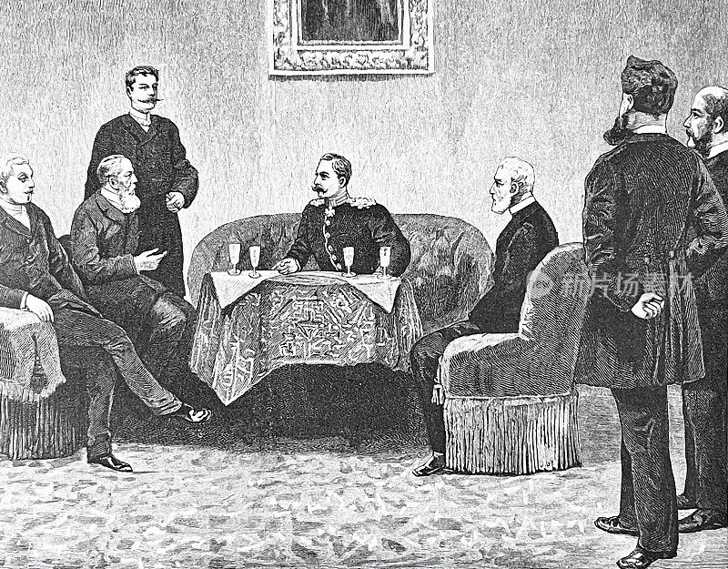 在德国总理官邸举行的议会晚宴上，德皇威廉二世与国会议员交谈