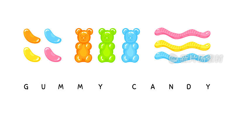 小熊软糖，软糖豆和软糖虫甜糖果集与惊人的味道平面风格设计矢量插图。