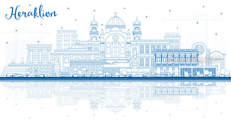 用蓝色建筑和倒影勾勒出希腊克里特岛城市的轮廓线。