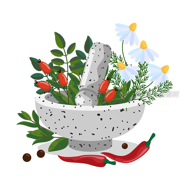 石头碗里的天然草药。药用植物-洋甘菊，玫瑰果，胡椒。