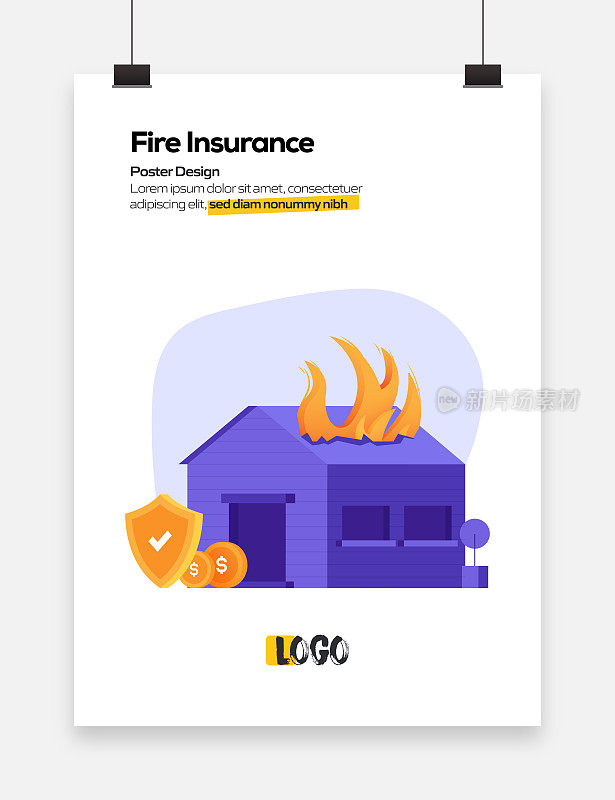 海报，封面和横幅的火灾保险概念平面设计。现代平面设计矢量插图。
