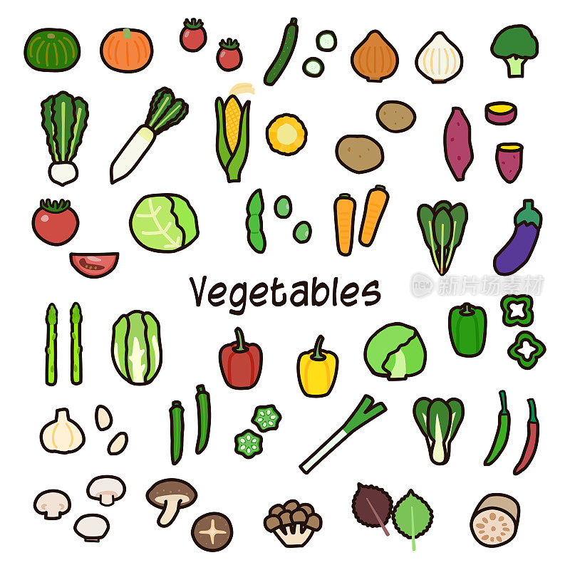 可爱和简单的蔬菜图标集，手绘风格