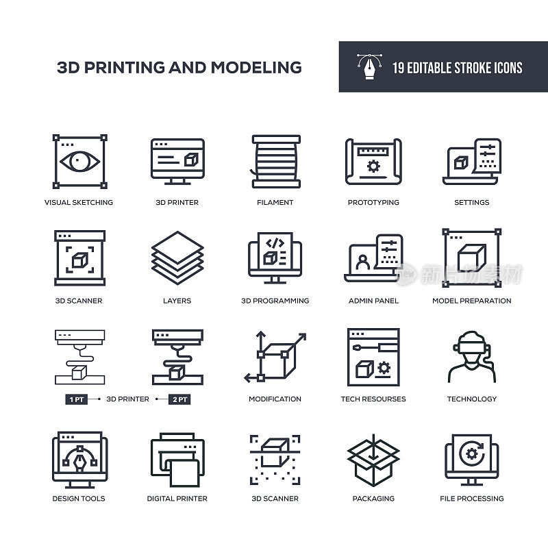 3D打印和建模可编辑的描边线图标
