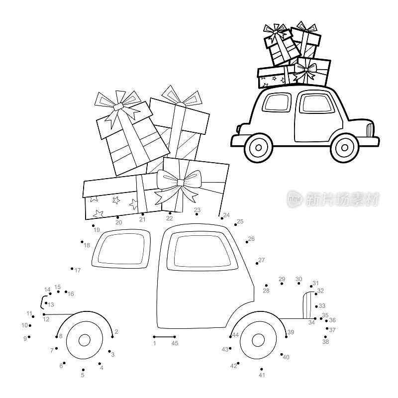 给孩子们的点点圣诞拼图。连接点游戏。汽车和礼物