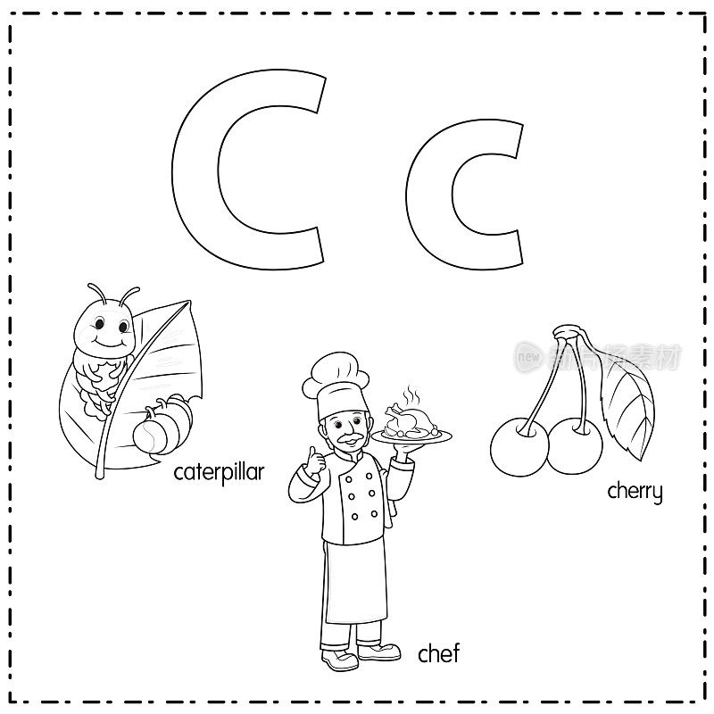 向量插图学习字母C的小写和大写的儿童与3卡通图像。卡特彼勒厨师樱桃。