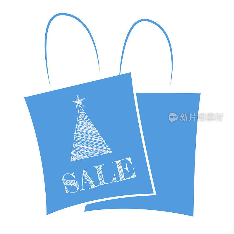 海报模板设计与两个重叠的亮蓝色购物袋与文字销售写和一个三角形圣诞树与星星在顶部用白色绘制的白色，为节日购物销售和折扣相关向量