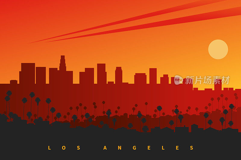 洛杉矶日落时的天际线，加利福尼亚，美国。原创矢量插图