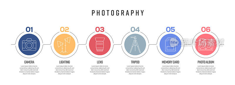 摄影概念矢量线信息图形的图标设计。6个选项或步骤的展示，横幅，工作流程布局，流程图等。