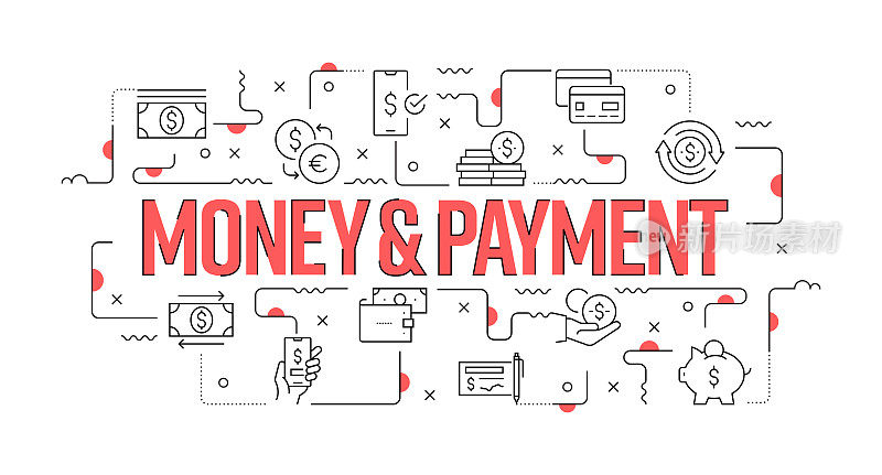 货币和支付Web横幅线风格。现代设计矢量插图