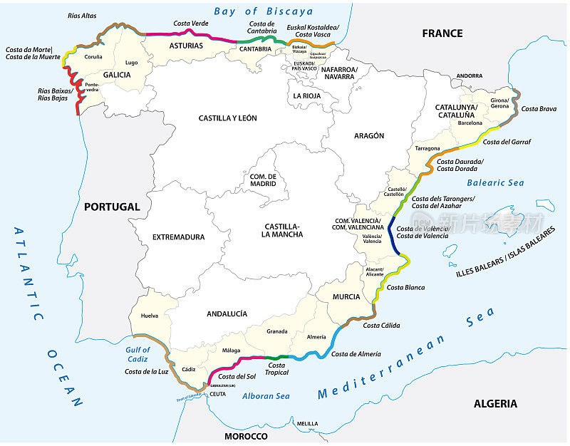 西班牙旅游海岸的矢量地图