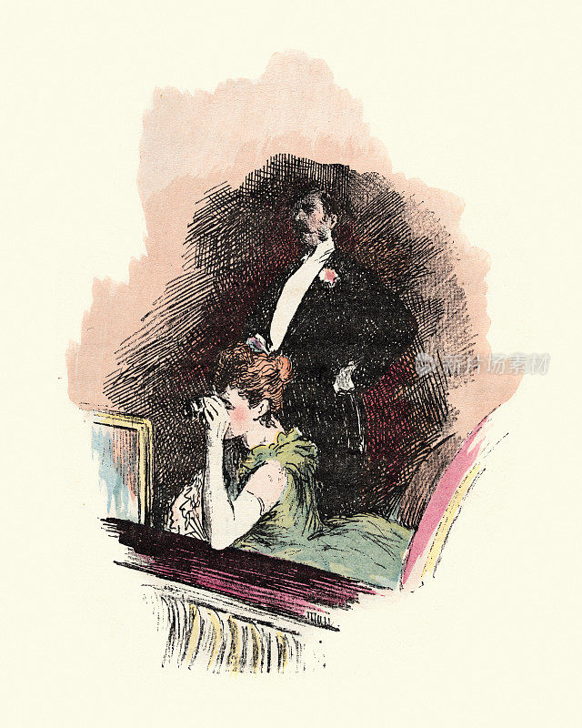 男人和女人在歌剧院，从包厢里观看，戴着望远镜，法国，维多利亚，19世纪