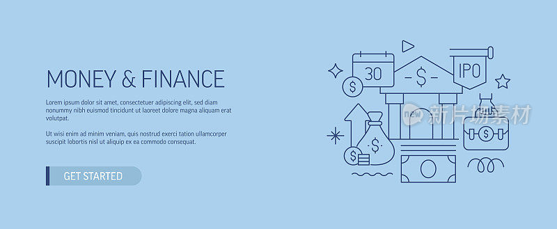 货币和金融相关的网站横幅线风格。现代设计矢量插图网页横幅，网站标题等。股票插图