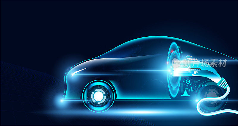 电动汽车的未来动力在插图与电动汽车和充电器。