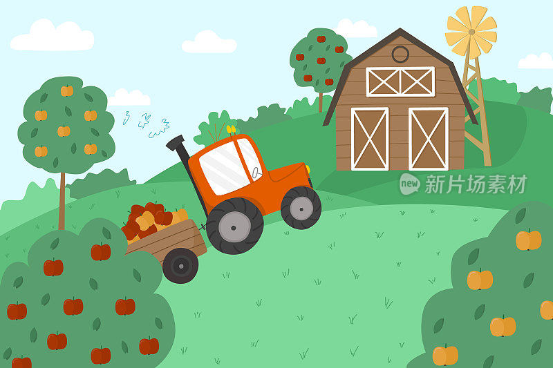 农村景观。带风车的谷仓建筑。拖拉机在农场收割苹果。水果收获