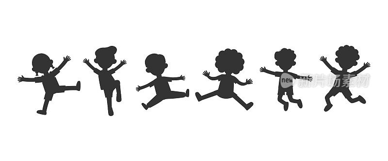 一群黑人孩子剪影玩跳跃，孩子剪影跳舞，孩子剪影跳在白色背景矢量插图