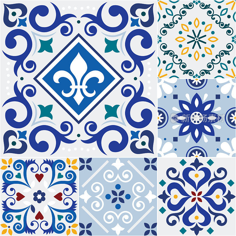 Azulejo瓷砖无缝矢量图案集-不同的瓷砖大小，受葡萄牙和西班牙装饰启发的传统设计集合