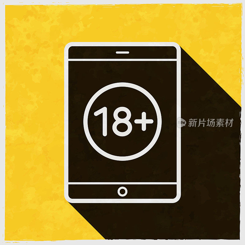 平板电脑与18+符号(18+)。图标与长阴影的纹理黄色背景