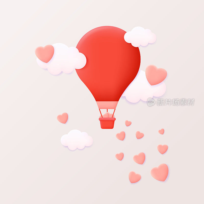 3d插画的情人节与气球在空中飞行与云和心。新潮矢量在3d风格。