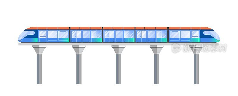 矢量插图的现代火车在平坦的风格在桥梁或高架桥上的平坦最小的风格