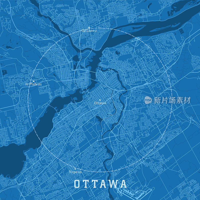 渥太华在城市矢量道路地图蓝色文本