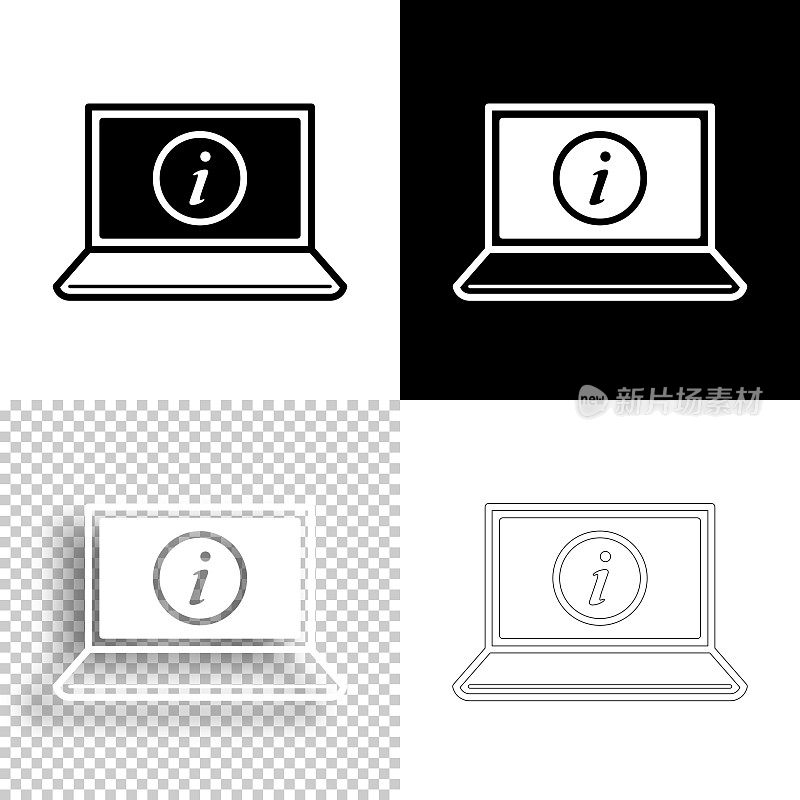 带有信息标志的笔记本电脑。图标设计。空白，白色和黑色背景-线图标
