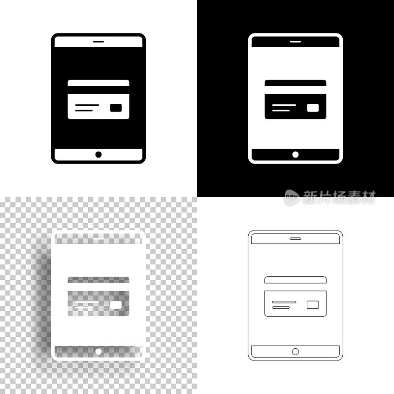带信用卡的平板电脑。图标设计。空白，白色和黑色背景-线图标