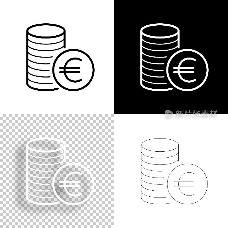 欧元硬币堆栈。图标设计。空白，白色和黑色背景-线图标