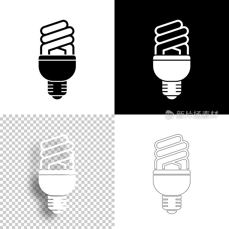 荧光灯泡。图标设计。空白，白色和黑色背景-线图标