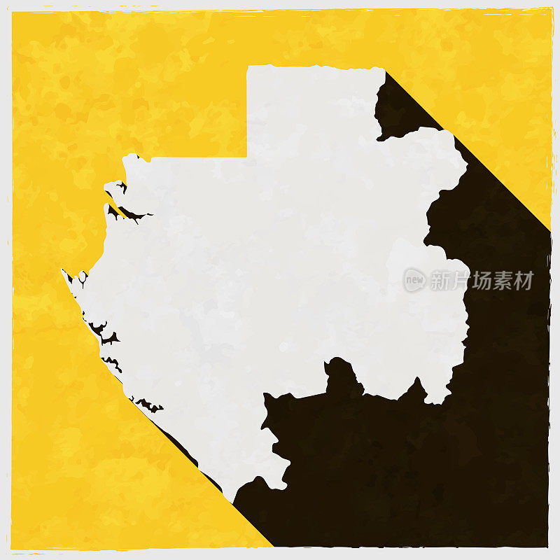 加蓬地图与纹理黄色背景上的长阴影