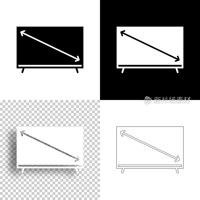 电视屏幕大小。图标设计。空白，白色和黑色背景-线图标