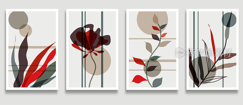 矢量颜色植物墙艺术设置叶线艺术手绘抽象植物和花卉艺术卡片模板旗帜背景，设计元素，抽象背景集合