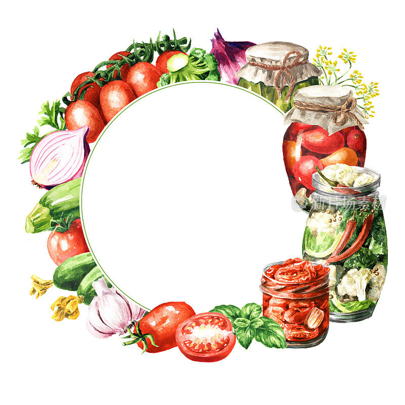 自制罐装蔬菜水彩手绘插图孤立在白色背景