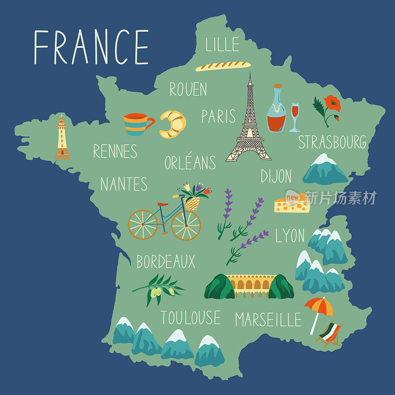 手绘的法国地图。旅行的概念。illustartion颜色的向量。地图上的国家符号。