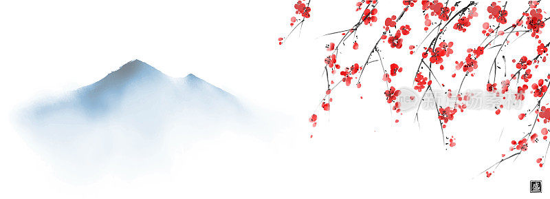白色背景上盛开的日本樱花和远蓝山的水墨画。传统的东方水墨画，眉娥，宇仙，郭华。象形文字——布鲁姆