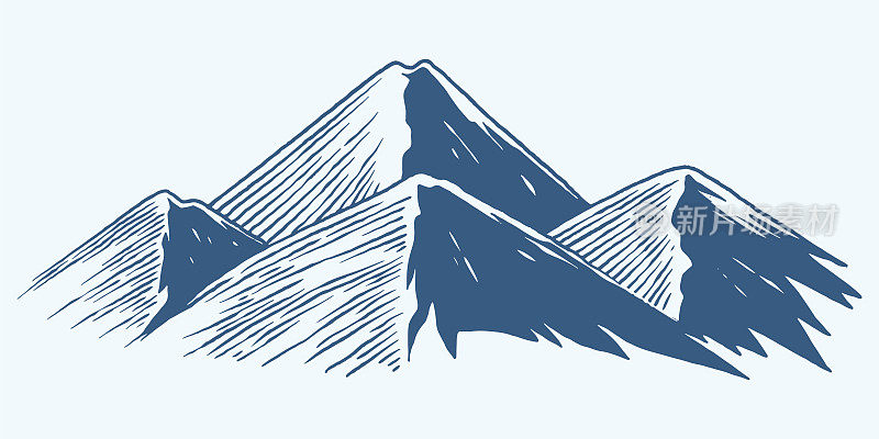 四手绘线条山地丘陵高原草图插图孤立在白色背景。