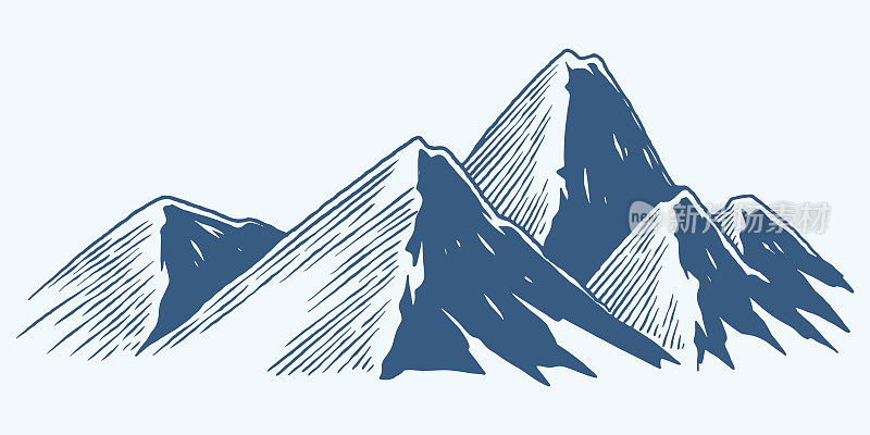 五手绘山线丘陵高原草图插图孤立在白色背景。