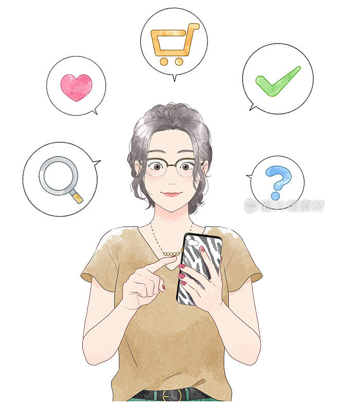 水彩画风格的插画，一个女人在操作智能手机。