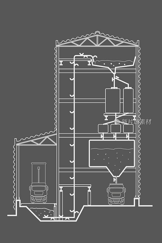 灰色背景电梯的线性建筑草图工厂剖面