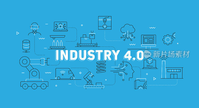 工业4.0相关现代线旗帜与图标