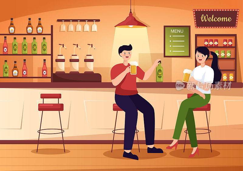 酒吧或酒吧在晚上与酒精饮料瓶子，调酒师，桌子，室内和椅子在室内房间的平面卡通插图