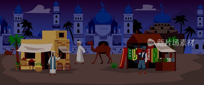 中东或阿拉伯城市夜景与人，平面矢量插图。