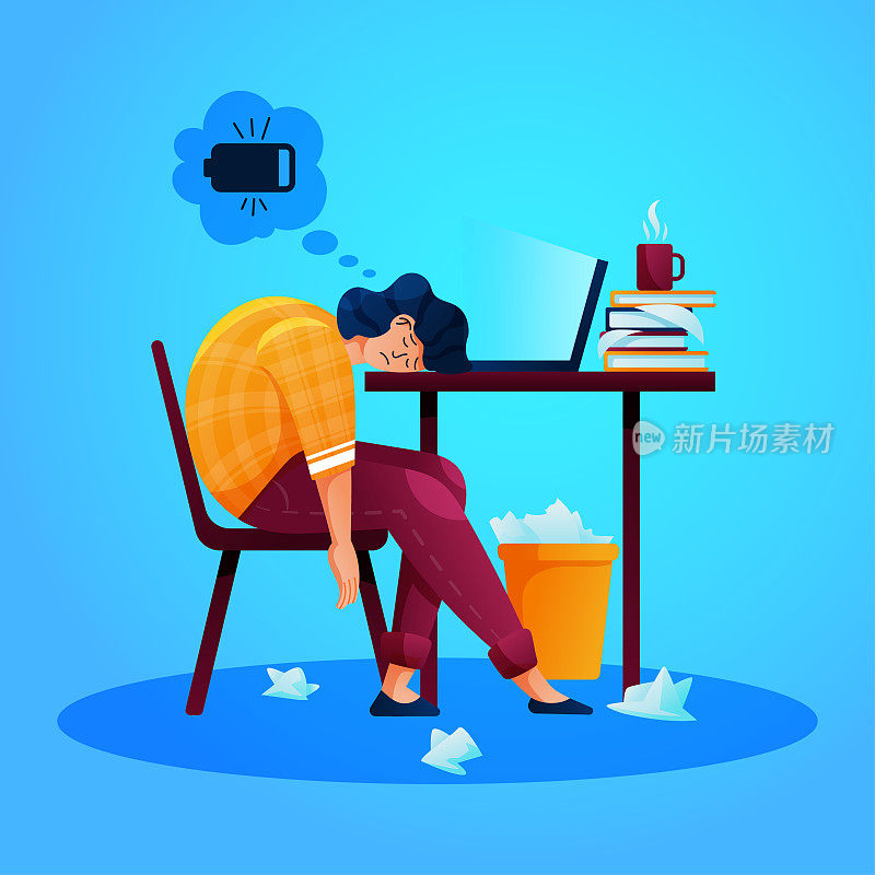 睡在工作场所。在家里或办公室的压力让人在电脑前睡着了。疲惫的员工坐在餐桌旁。电池电量低的工人。在办公桌前睡觉的家伙。向量加班
